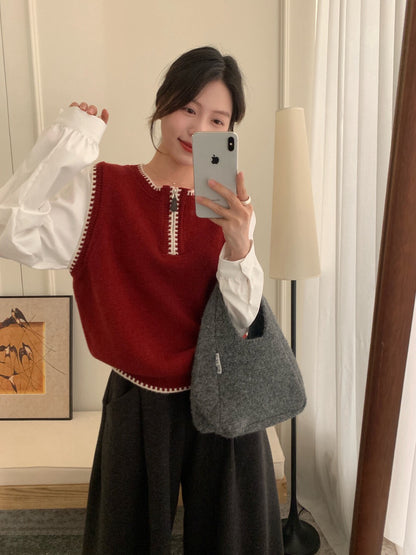 // 柔軟撞色邊拼恤衫袖假兩件上衣