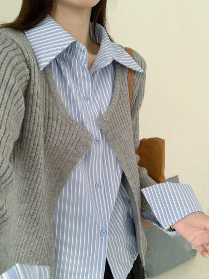 // 間條恤衫拼接針織外套假兩件上衣