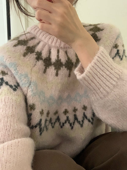 // 20%羊毛聖誕必備花紋圓領毛衣