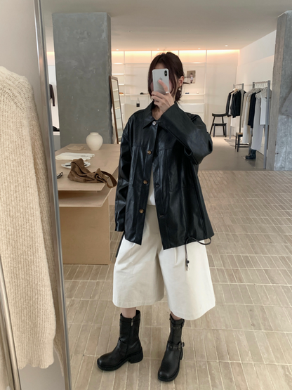 // 復古感美拉德翻領中長彷皮外套