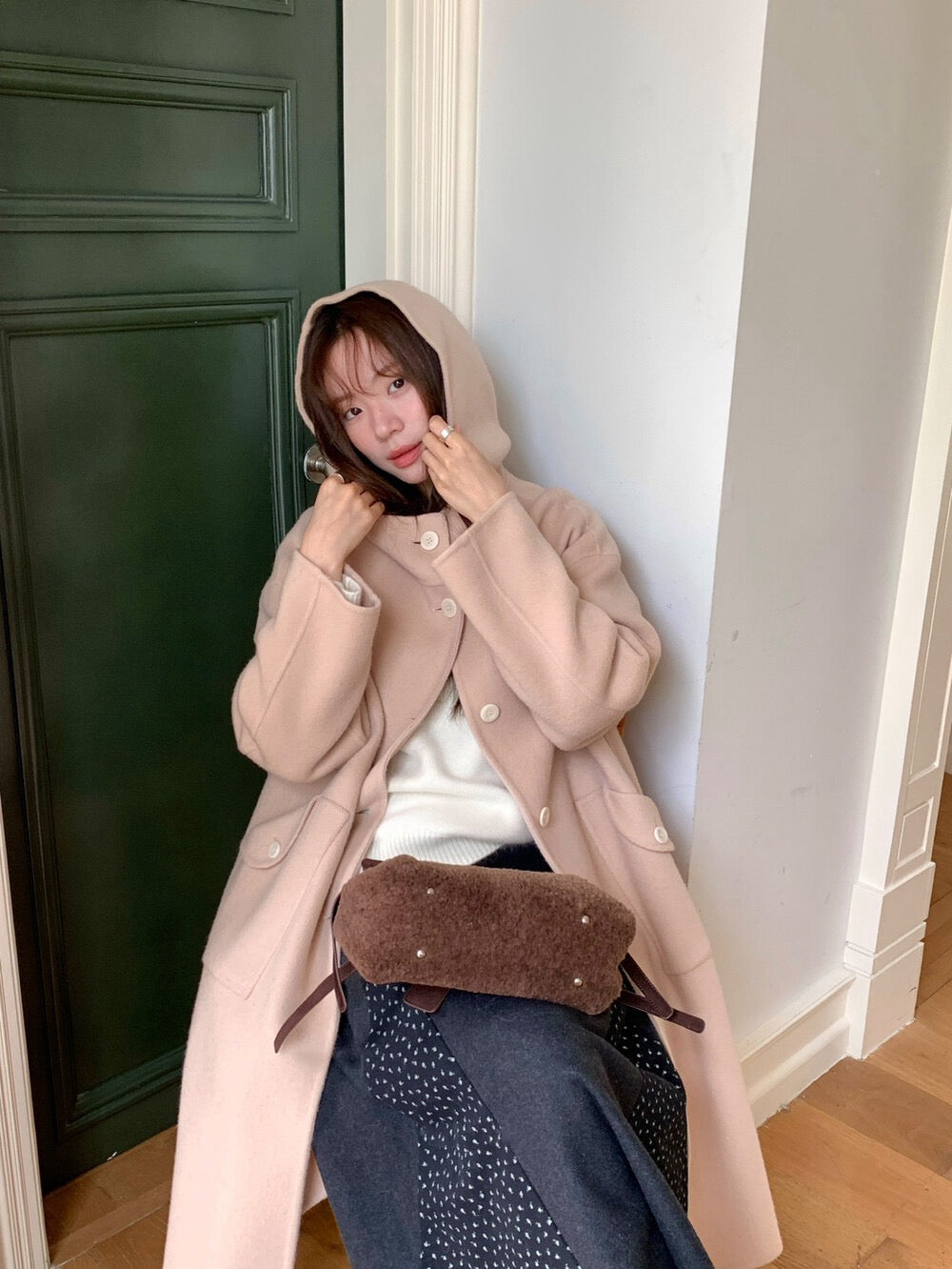 // 80%wool+20%alpaca連帽可愛口袋手工羊毛外套