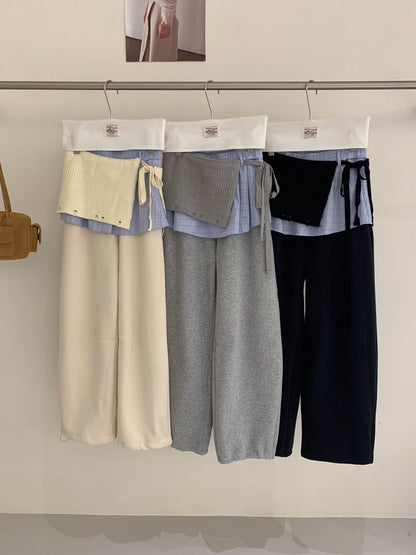 // 超韓拼接袖衛衣+褲頭拼接連針織裙簾褲套裝