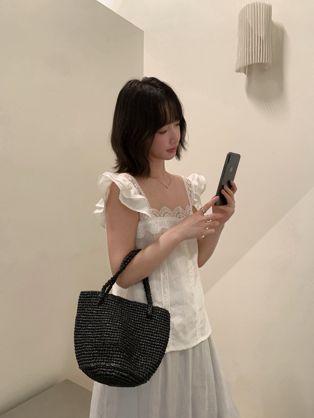 // 超美lace邊小飛袖麻質背心