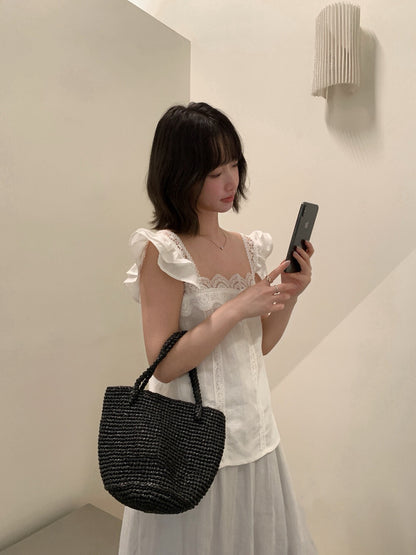 // 超美lace邊小飛袖麻質背心