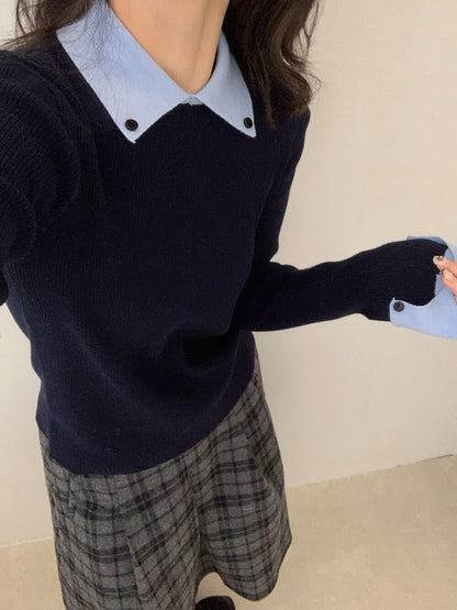 // 6%wool撞色翻領+反袖針織NT