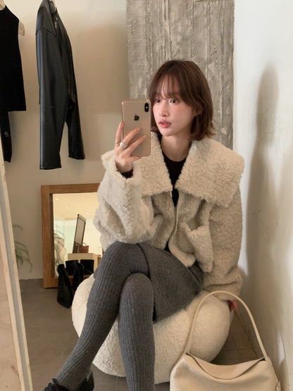 // 氣質大翻領毛毛短款外套