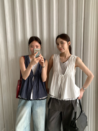 // 拼接lace邊假兩件綁帶背心BL