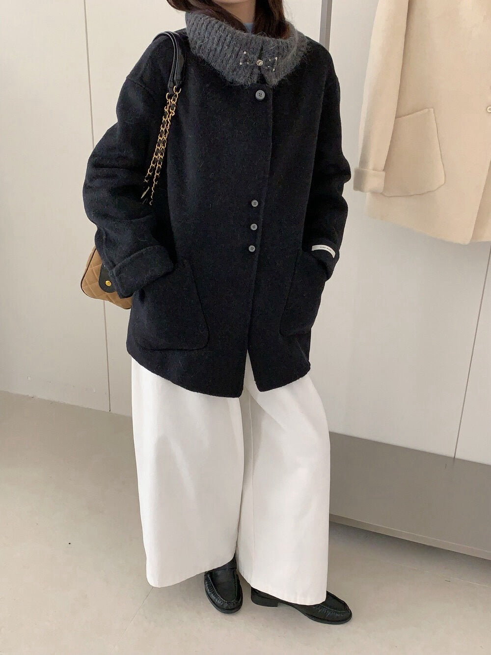 // 100%羊毛拼針織領雙面手工外套