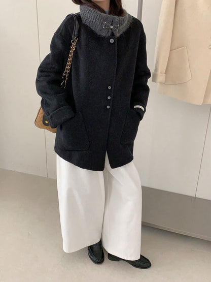 // 100%羊毛拼針織領雙面手工外套