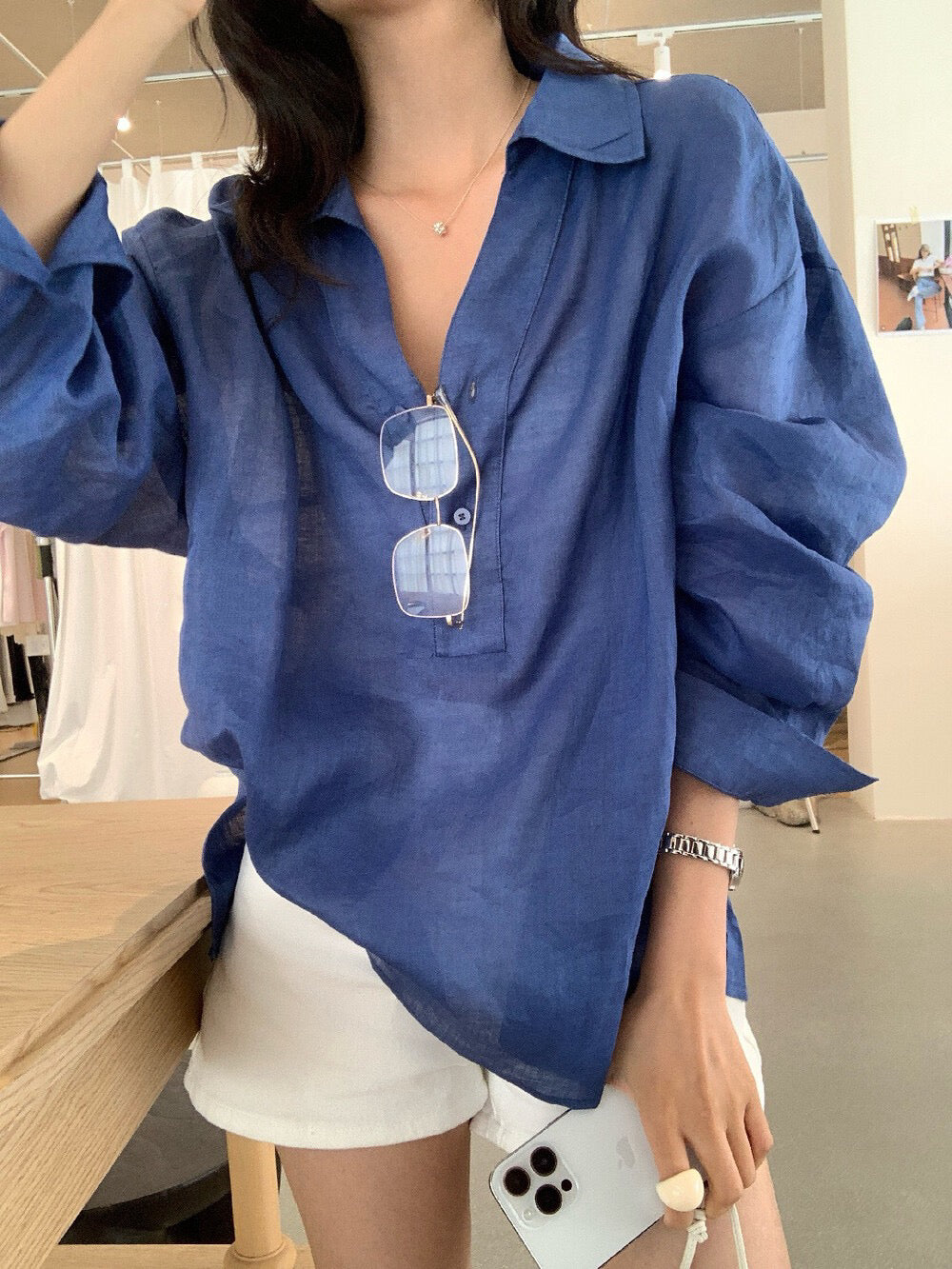 // 100%麻半鈕扣翻領透氣BL