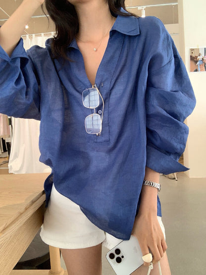 // 100%麻半鈕扣翻領透氣BL