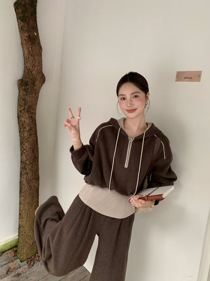 // 假兩件連帽拉鍊上衣+全長褲兩件套