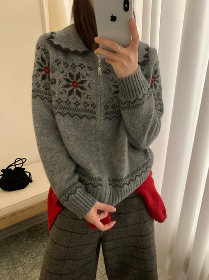 // 30%綿羊毛屬於聖誕的花紋包邊翻領拉鍊CD