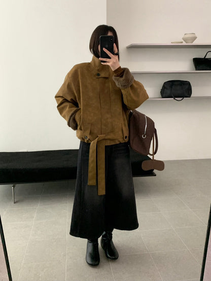 // 版型超好的拼毛毛底蛋白皮外套￼