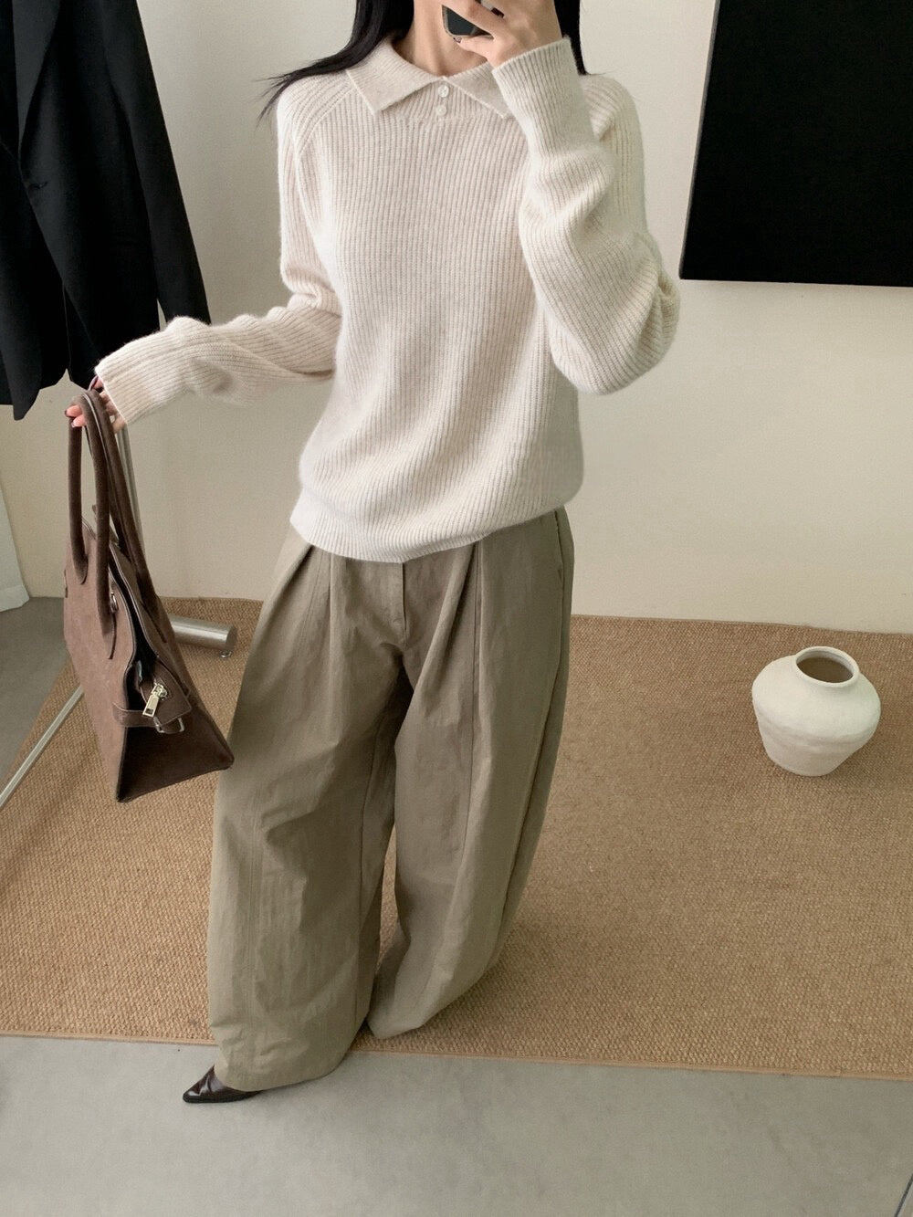 // 50%綿羊毛鈕扣翻領直紋NT