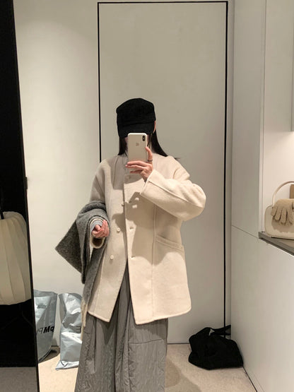 // 90%羊毛+10%羊駝毛小立領斜口袋手工外套