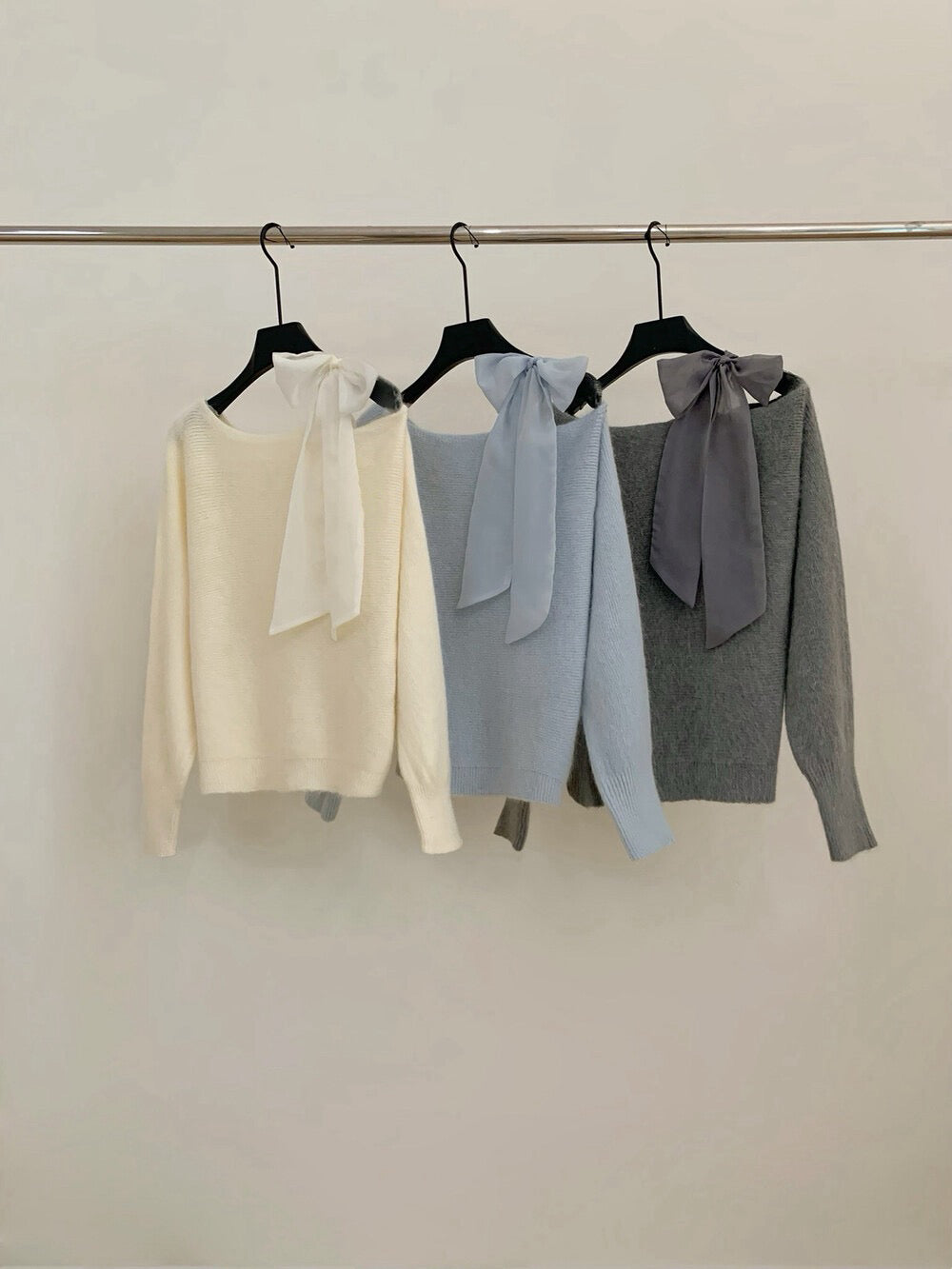 // 斜肩lace綁帶毛衣