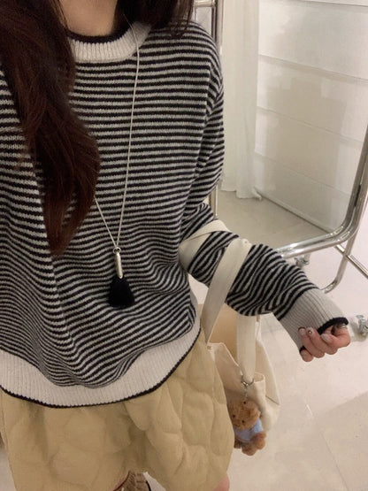 // 100%wool細間條包邊毛衣