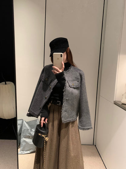 回饋價！// 氣質流蘇邊小香風100%羊毛雙面手工外套