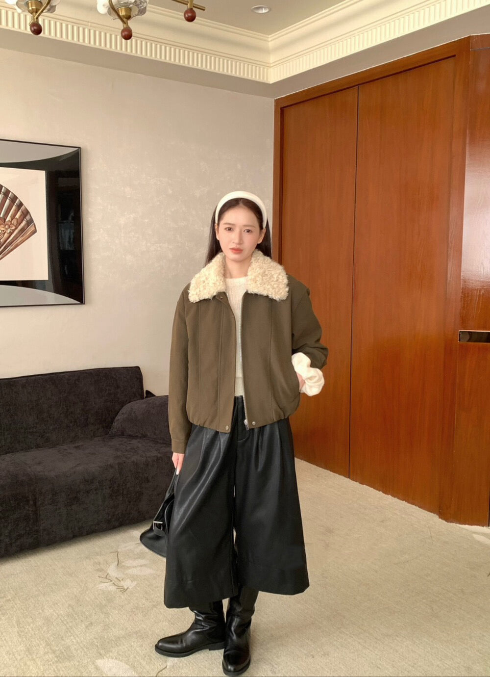 // 拼接卷毛領設計感短外套