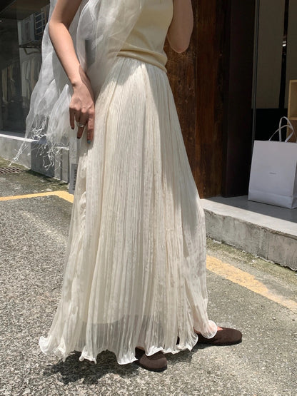 S25 / 卷卷邊大裙擺立體細百褶真絲半身裙