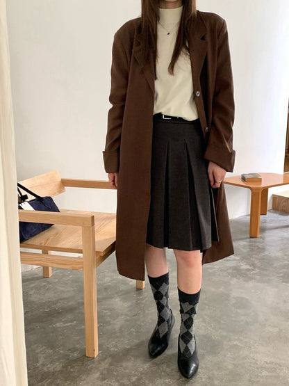 // 連腰帶定位壓褶毛呢五分裙