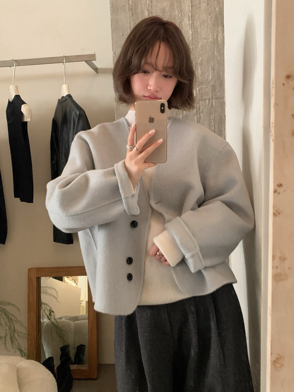 // 極美double鈕扣深V簡約100%雙面羊毛手工外套