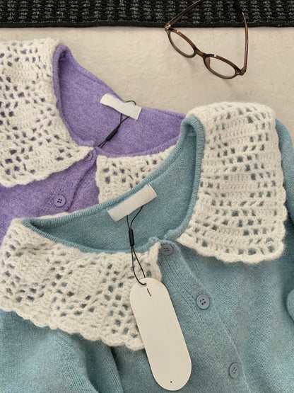 // 拼接鈎花針織翻領排扣毛衣
