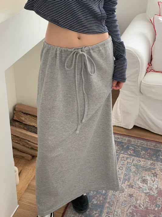 // 超彈性棉質綁帶腰後開叉中裙