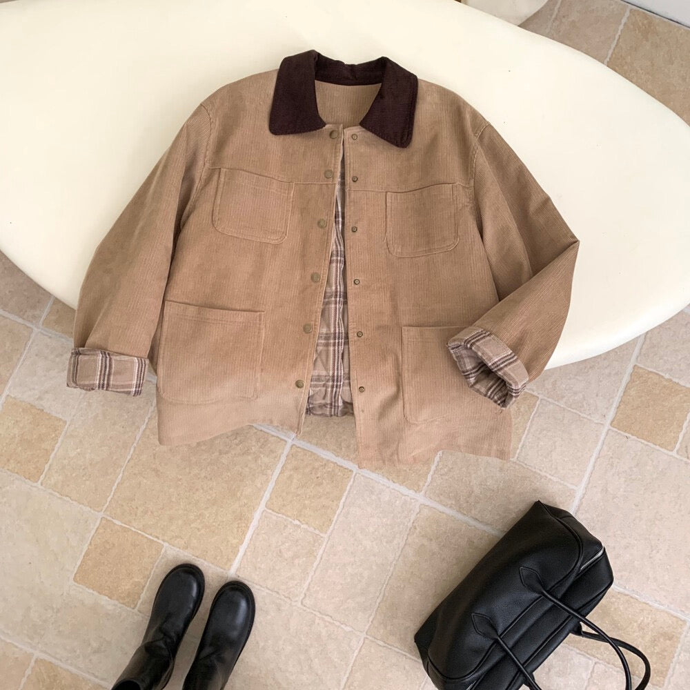 // 復古感拼色領內格紋燈芯絨外套