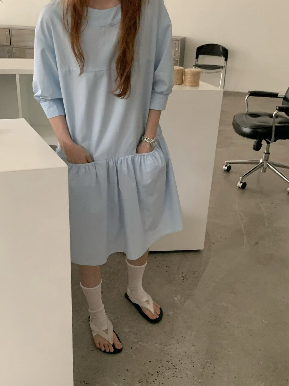 // 少女感中袖荷葉腳口袋OPS
