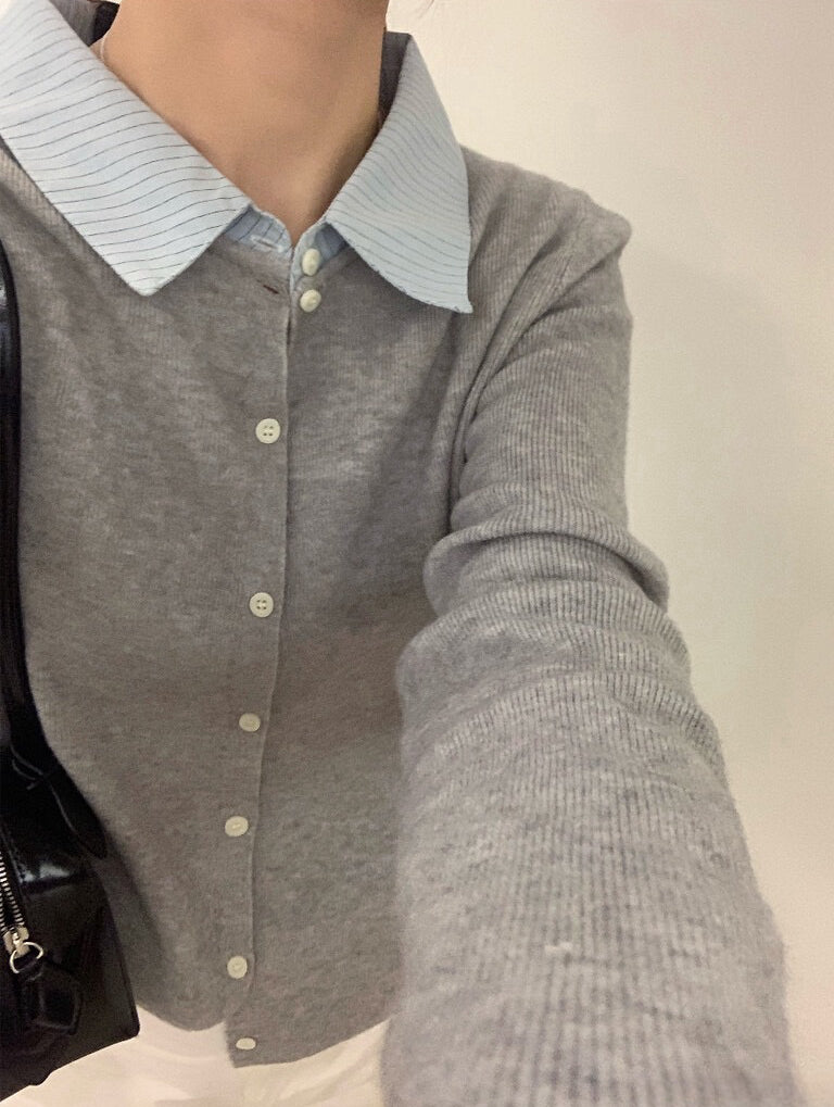 // 拼接間條恤衫領假兩件針織上衣