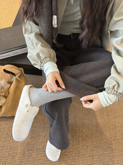 // 小口袋裝飾加絨直腳混羊毛呢褲(連腰帶)