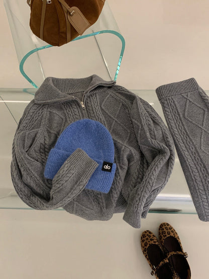 // 麻花半拉鍊立領毛衣+短裙套裝