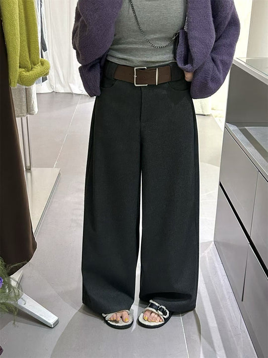 // 褲型完美連腰帶薄呢料褲