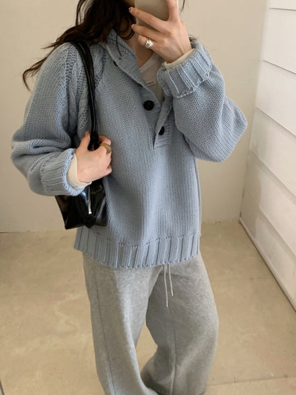 // 麻花肩線半鈕扣連帽慵懶毛衣