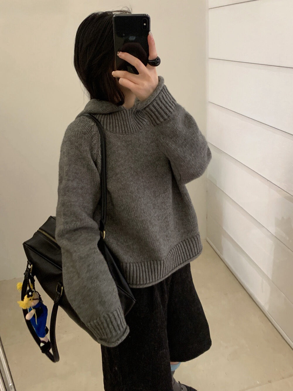 // 粗織紋領位連帽卷卷邊毛衣