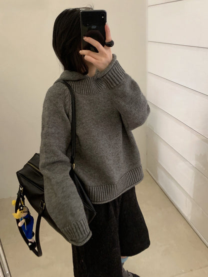 // 粗織紋領位連帽卷卷邊毛衣