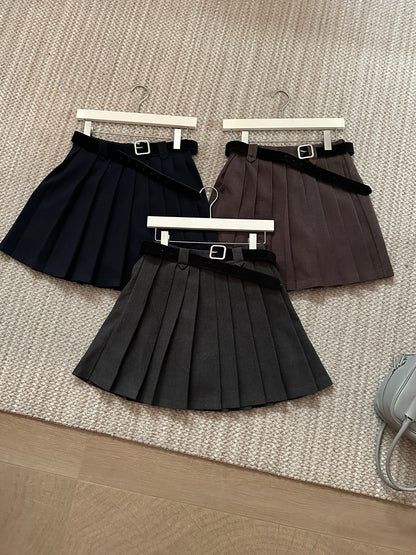 // 連腰帶毛呢料百褶短裙