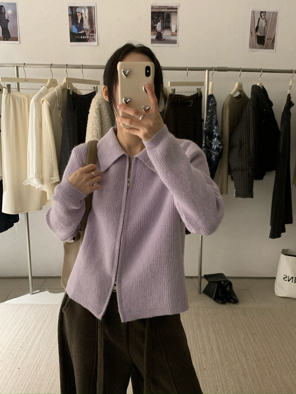 // 細直坑紋翻領上下拉鍊CD