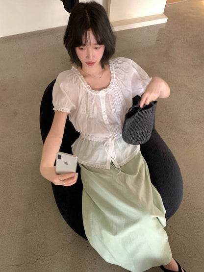 // 棉麻lace邊可束腰精緻BL