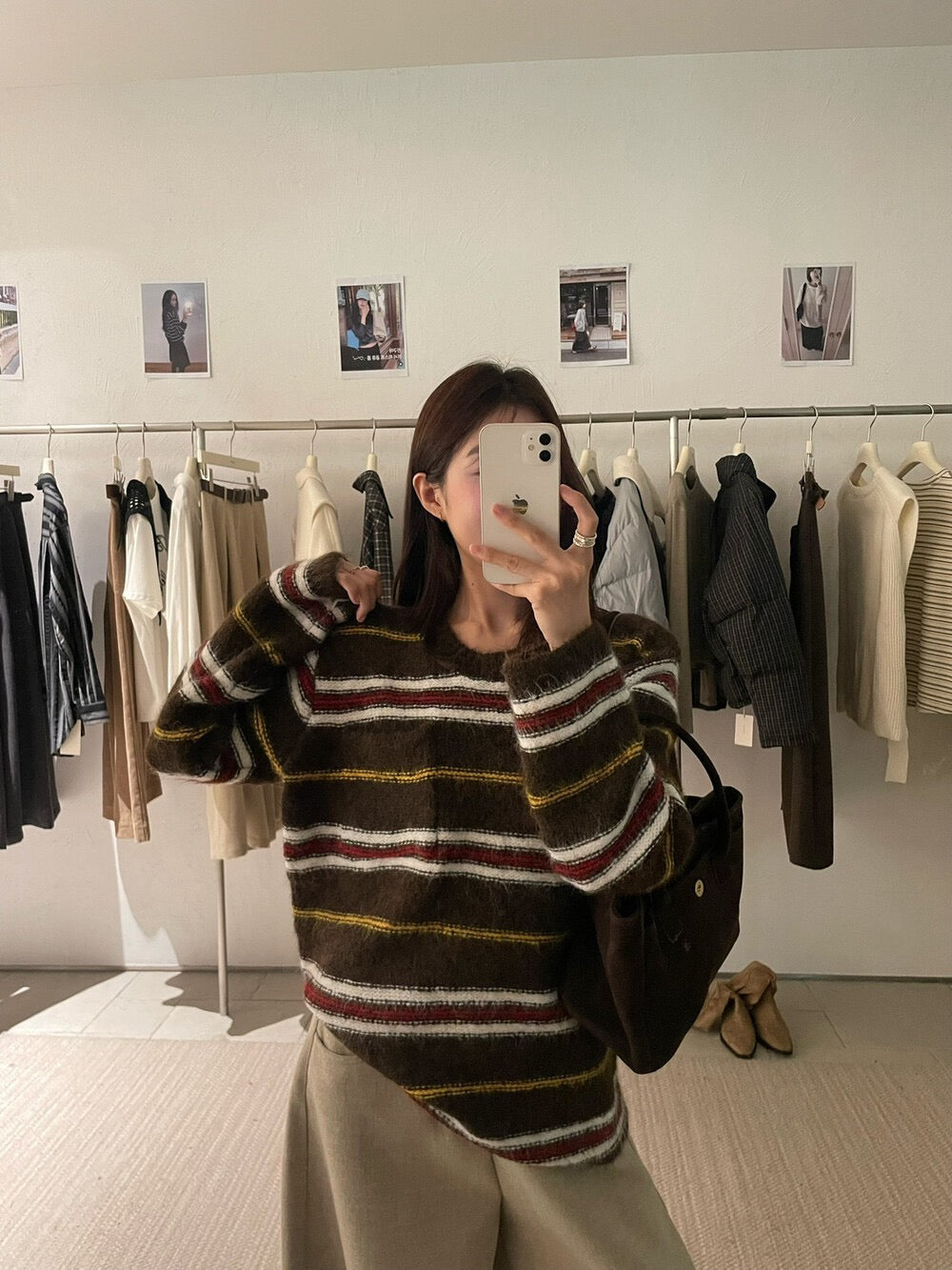 // 復古撞色間條口袋軟糯毛衣