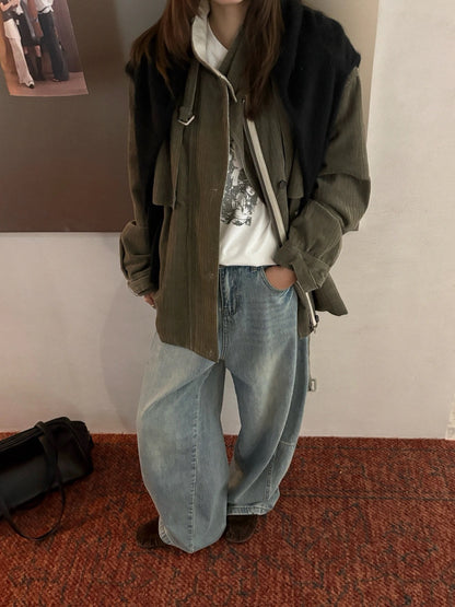 J48 / 復古拼皮邊燈芯絨可立領中長外套