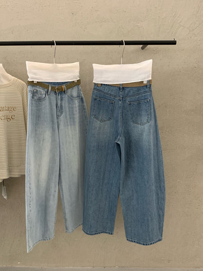 👖 慵懶洗水直闊褲牛仔褲(連腰帶)