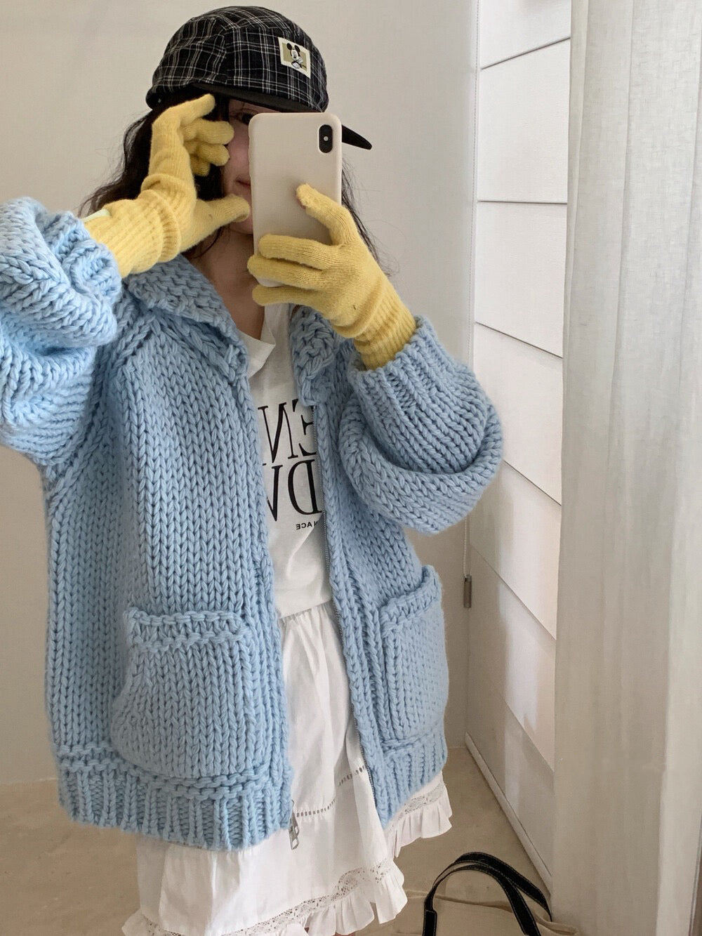 // 30%wool粗棒針手工織感圓翻領口袋拉鍊CD