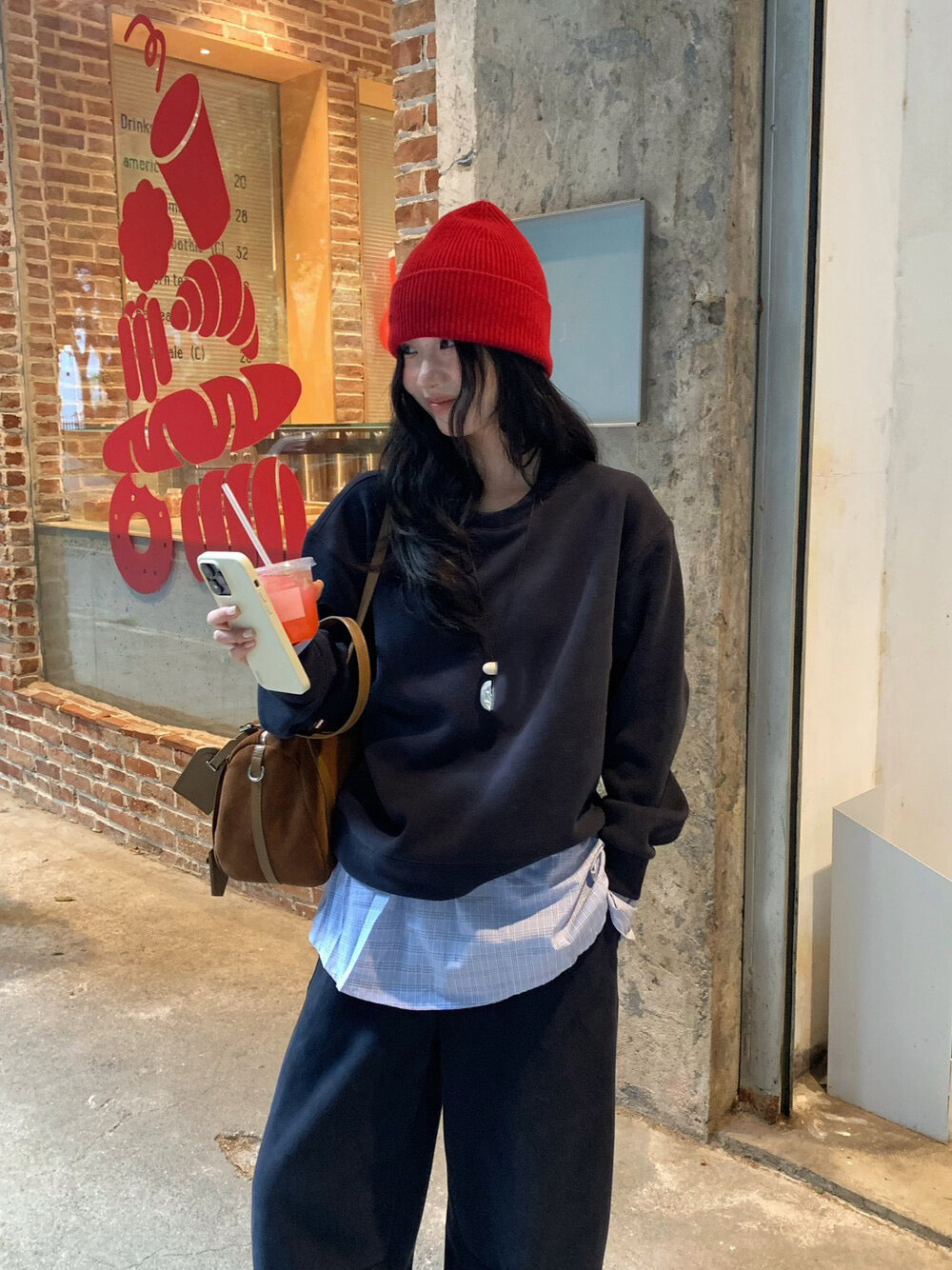 // 超韓拼接袖衛衣+褲頭拼接連針織裙簾褲套裝