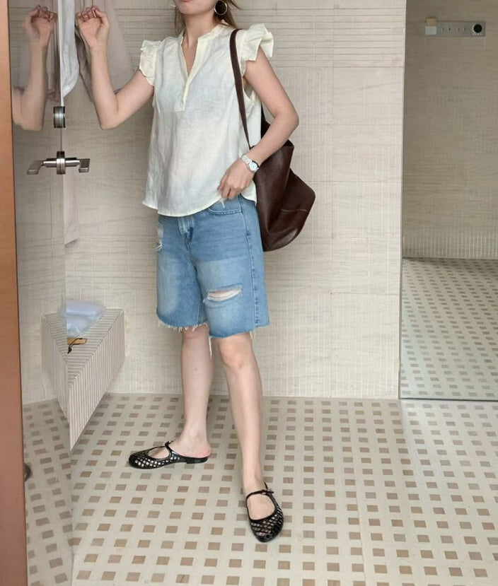 // 麻質飛飛袖小鈕扣背心