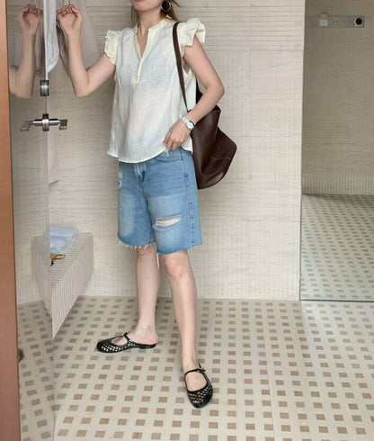 // 麻質飛飛袖小鈕扣背心