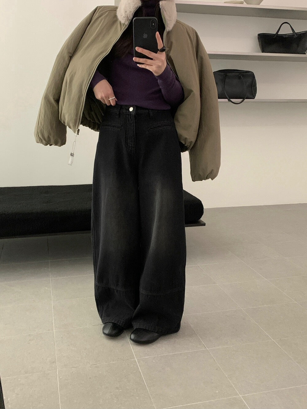 // 雙口袋裝飾拼接褲腳加絨全長牛仔褲