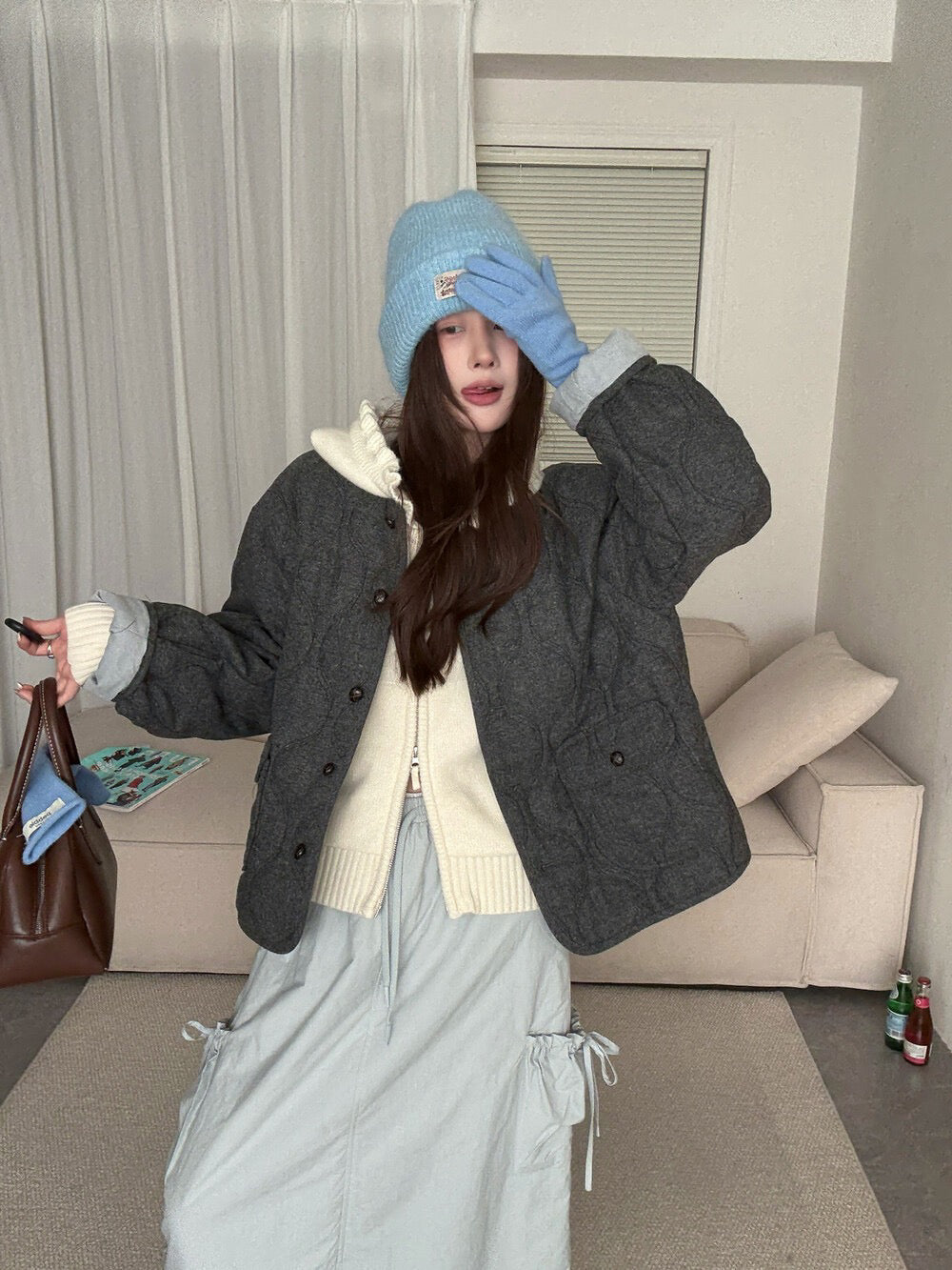 // 30%羊毛袖口拼接燈芯絨菱格夾棉外套